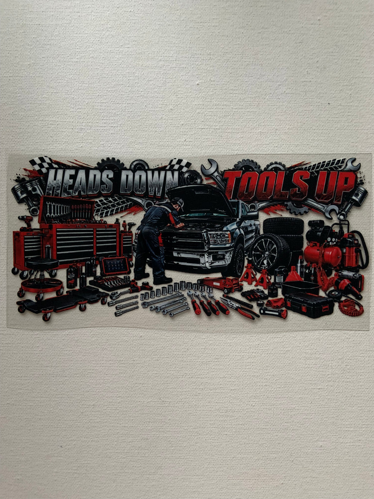 Heads down tools up decal